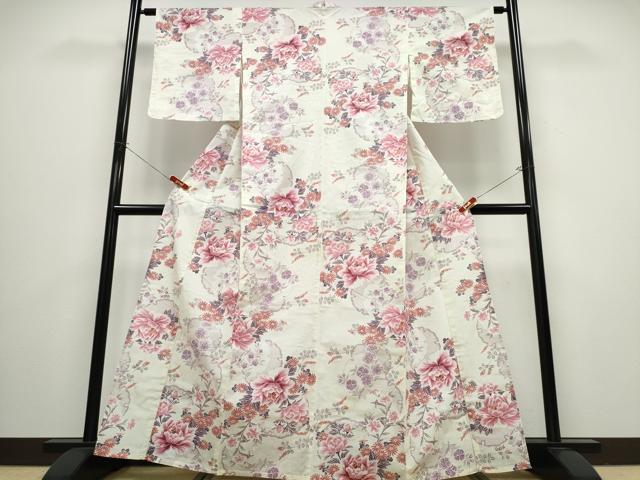 平和屋着物∴夏物 浴衣 縦綿絽 雪輪牡丹花吉祥文 綿 逸品 CABB6661ng