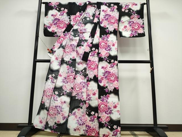 平和屋着物∴夏物 浴衣 花束文 ラメ 黒地 綿 逸品 CABB6662ng