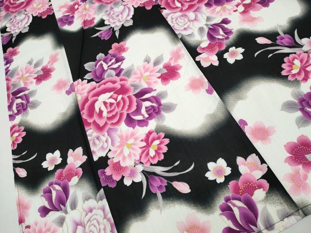平和屋着物∴夏物 浴衣 花束文 ラメ 黒地 綿 逸品 CABB6662ng