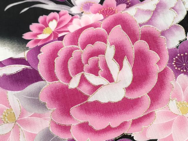 平和屋着物∴夏物 浴衣 花束文 ラメ 黒地 綿 逸品 CABB6662ng
