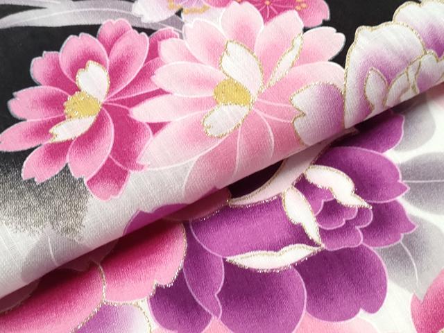 平和屋着物∴夏物 浴衣 花束文 ラメ 黒地 綿 逸品 CABB6662ng