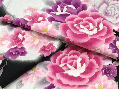 平和屋着物∴夏物 浴衣 花束文 ラメ 黒地 綿 逸品 CABB6662ng