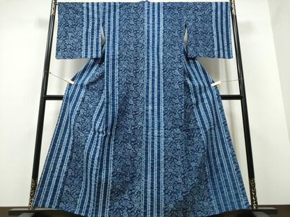 平和屋着物∴夏物 越後型正藍染 紺仁工房 浴衣 鳳凰花唐草間道 反端付き 綿 逸品 CABB6668ng