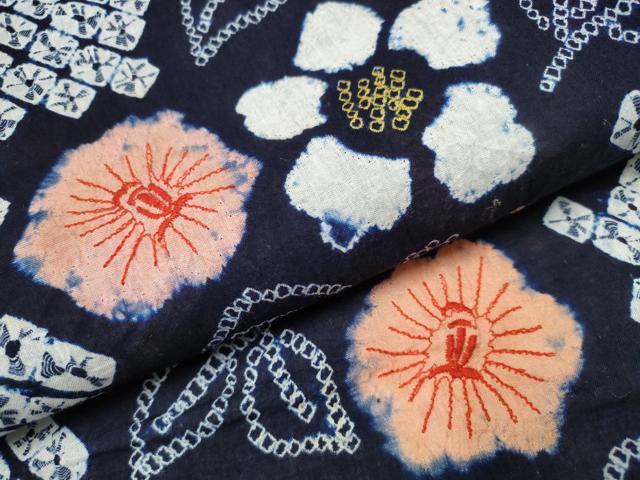 平和屋着物∴夏物 浴衣 有松鳴海絞り 刺繍 枝花文 綿 逸品 CABB6684ng