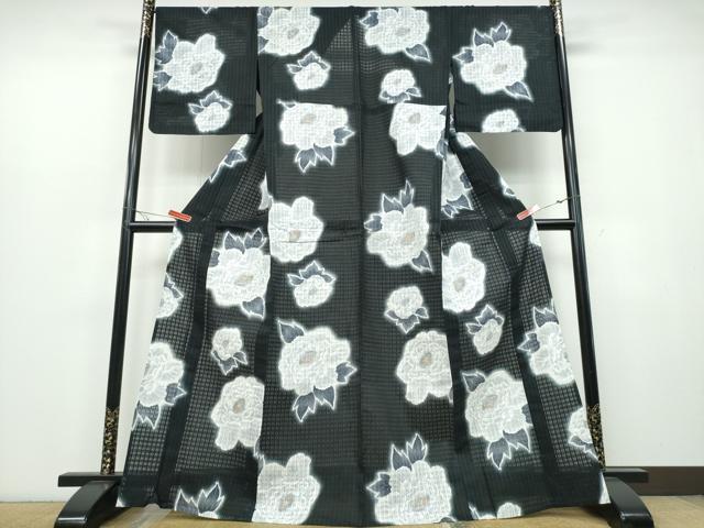 平和屋着物∴夏物 浴衣 牡丹 黒地 綿麻 逸品 CABB6709ng