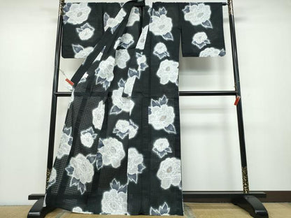 平和屋着物∴夏物 浴衣 牡丹 黒地 綿麻 逸品 CABB6709ng