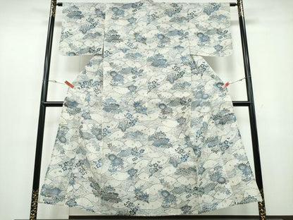 平和屋着物∴夏物 浴衣 綿紅梅 型染め 立波扇面松竹梅花文 綿 逸品 CABB6720ng