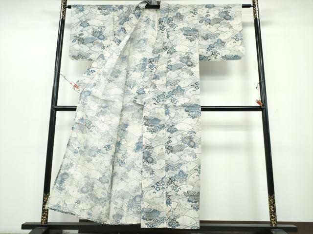 平和屋着物∴夏物 浴衣 綿紅梅 型染め 立波扇面松竹梅花文 綿 逸品 CABB6720ng