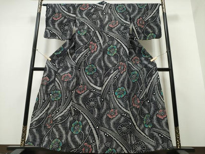 平和屋着物∴夏物 浴衣 有松鳴海絞り 草花文 黒地 綿 逸品 CABB6734ng