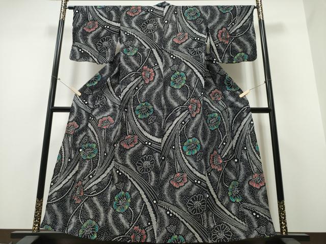 平和屋着物∴夏物 浴衣 有松鳴海絞り 草花文 黒地 綿 逸品 CABB6734ng