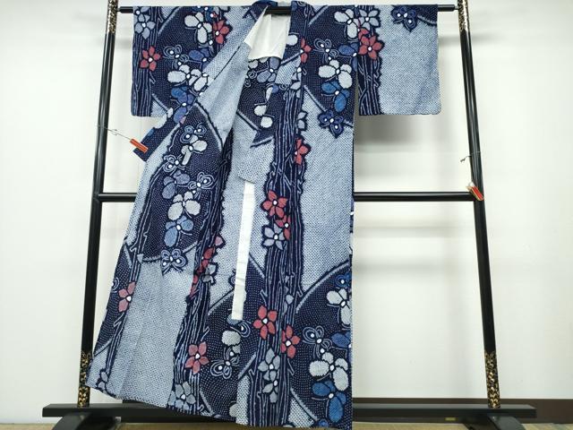 平和屋着物∴夏物 浴衣 有松鳴海絞り 草木舞蝶花文 綿 逸品 CABB6784ng