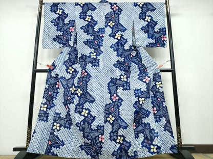 平和屋着物∴夏物 浴衣 有松鳴海絞り 舞蝶花文 綿 逸品 CABB6795ng
