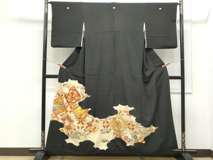 平和屋着物▼豪華黒留袖 駒刺繍 向かい鳥天井花文 金彩 正絹 逸品 CABB6842th