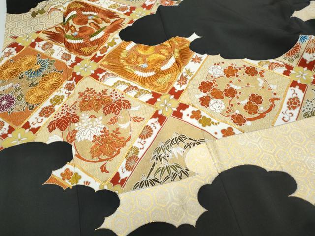 平和屋着物▼豪華黒留袖 駒刺繍 向かい鳥天井花文 金彩 正絹 逸品 CABB6842th