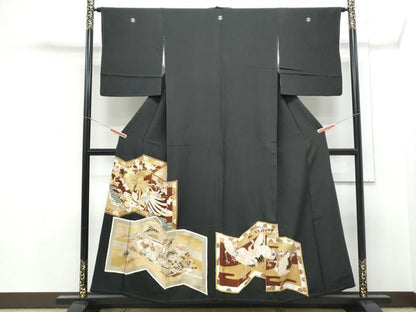 平和屋着物▼豪華黒留袖 刺繍 屏風孔雀花文 金彩 正絹 逸品 CABB6845th