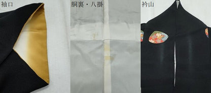 平和屋着物●上質な小紋　貝合わせ花文　黒地　金彩　鬼しぼ縮緬　正絹　逸品　CABB6994th