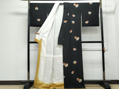 平和屋着物●上質な小紋　貝合わせ花文　黒地　金彩　鬼しぼ縮緬　正絹　逸品　CABB6994th