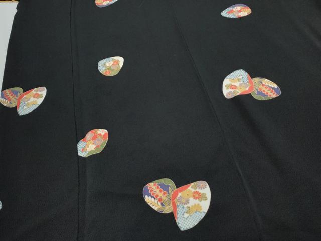 平和屋着物●上質な小紋　貝合わせ花文　黒地　金彩　鬼しぼ縮緬　正絹　逸品　CABB6994th