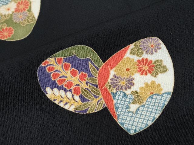 平和屋着物●上質な小紋　貝合わせ花文　黒地　金彩　鬼しぼ縮緬　正絹　逸品　CABB6994th