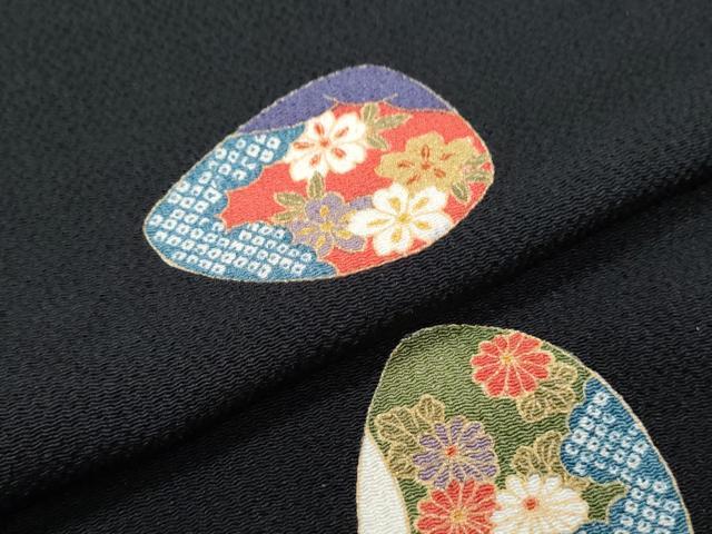 平和屋着物●上質な小紋　貝合わせ花文　黒地　金彩　鬼しぼ縮緬　正絹　逸品　CABB6994th