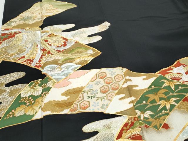 平和屋着物▼豪華黒留袖 駒刺繍 鴛鴦花文 正絹 逸品 CABB7050th