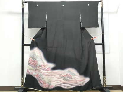 平和屋着物▼豪華黒留袖　作家物　手描き　風景文　暈し染め　正絹　逸品　CABB7093th