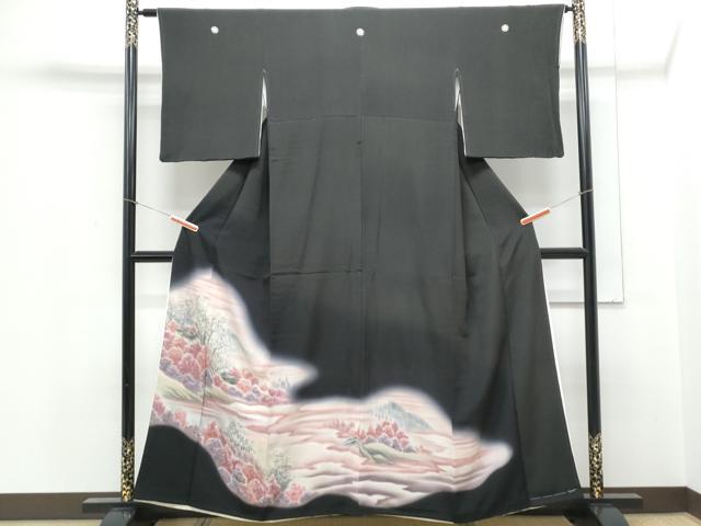 平和屋着物▼豪華黒留袖　作家物　手描き　風景文　暈し染め　正絹　逸品　CABB7093th