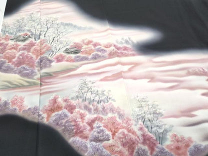 平和屋着物▼豪華黒留袖　作家物　手描き　風景文　暈し染め　正絹　逸品　CABB7093th
