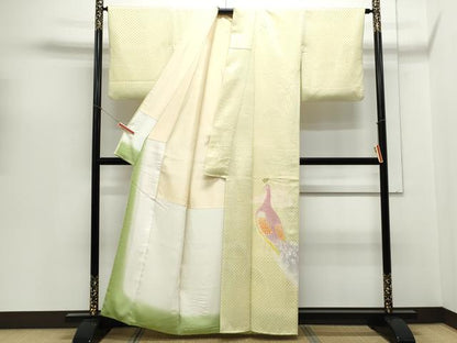 平和屋着物▼色留訪問着　手描き　孔雀文　暈し染め　金通し地　正絹　逸品　CABB7134th