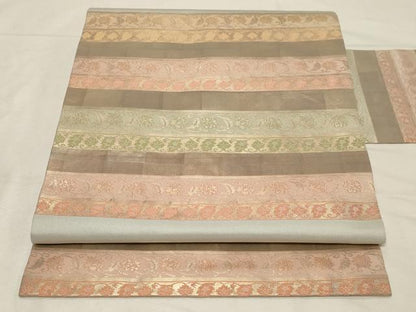 平和屋着物●九寸名古屋帯　横段草花文　金糸　正絹　逸品　CABB7217dy