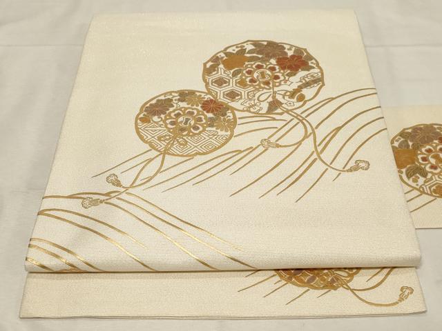 平和屋着物●九寸名古屋帯　鏡裏立波花文　金通し地　正絹　逸品　CABB7218dy 平和屋着物○九寸名古屋帯 鏡裏立波花文 金通し地