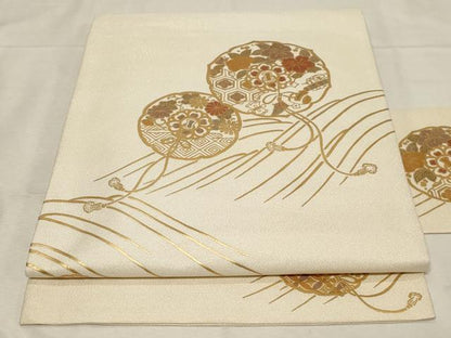 平和屋着物●九寸名古屋帯　鏡裏立波花文　金通し地　正絹　逸品　CABB7218dy