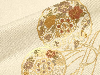 平和屋着物●九寸名古屋帯　鏡裏立波花文　金通し地　正絹　逸品　CABB7218dy