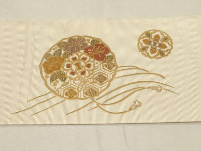 平和屋着物●九寸名古屋帯　鏡裏立波花文　金通し地　正絹　逸品　CABB7218dy