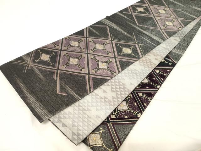 平和屋着物●両面　六通柄袋帯　輪奈織　菱花文　銀通し地　正絹　逸品　CABB7228dy 平和屋着物○両面 六通柄袋帯 輪奈織 菱花文 銀通し