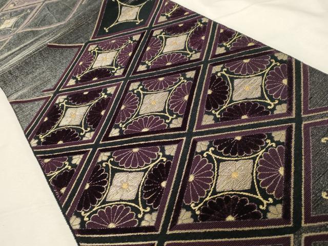 平和屋着物○両面 六通柄袋帯 輪奈織 菱花文 銀通し