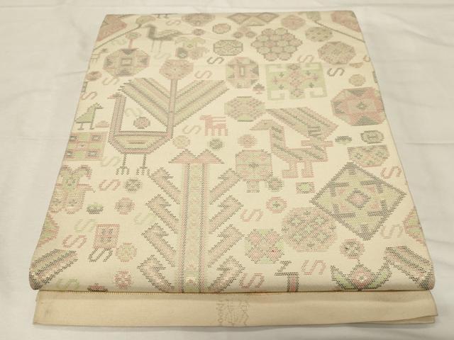 袋帯　正絹織地 正倉院吉祥文様の刺繍柄 たかびっち　H200 袋帯 正絹織地 正倉院吉祥文様の刺繍柄 H200