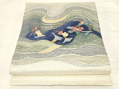 平和屋着物▽スリーシーズン 春夏秋 太鼓柄袋帯 すくい織 草花文 正絹 逸品 CABB7242dy
