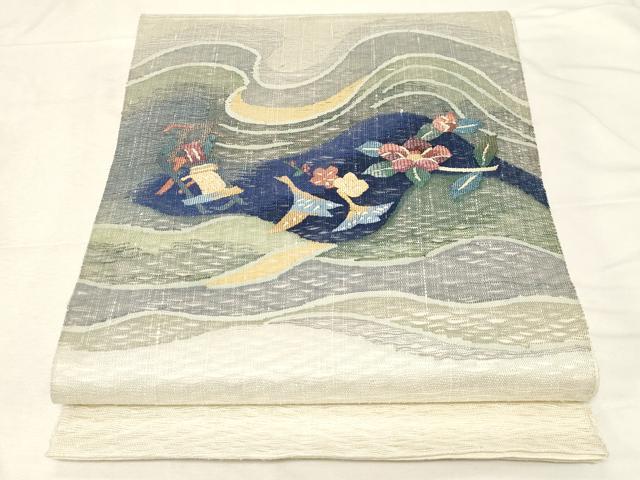 平和屋着物▽スリーシーズン 春夏秋 太鼓柄袋帯 すくい織 草花文 正絹 逸品 CABB7242dy
