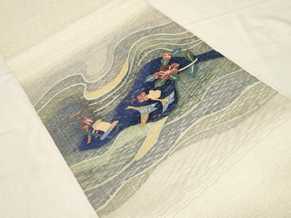 平和屋着物▽スリーシーズン 春夏秋 太鼓柄袋帯 すくい織 草花文 正絹 逸品 CABB7242dy