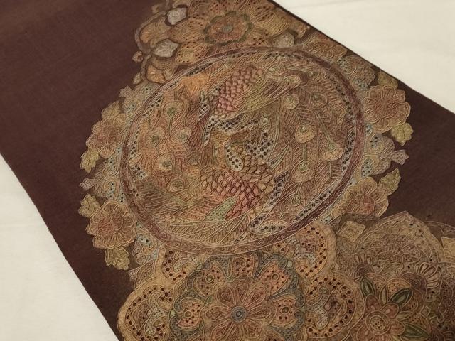 平和屋着物○中国三大刺繍 スワトウ刺繍 相良刺繍 太鼓柄袋帯 紬