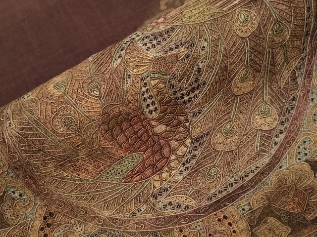 平和屋着物○中国三大刺繍 スワトウ刺繍 相良刺繍 太鼓柄袋帯 紬