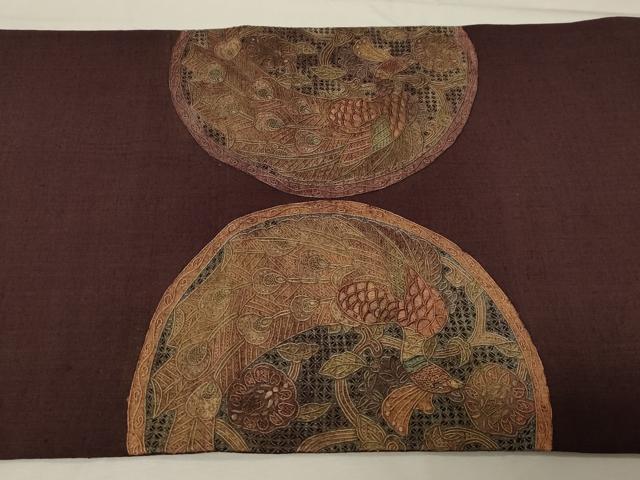 平和屋着物○中国三大刺繍 スワトウ刺繍 相良刺繍 太鼓柄袋帯 紬