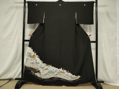 平和屋着物■豪華黒留袖　手描き　枝花文　正絹　逸品　CABB7321dy