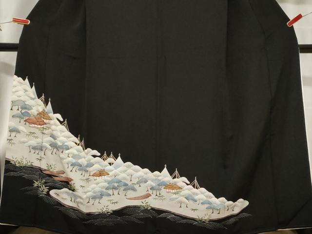 平和屋着物■豪華黒留袖　手描き　枝花文　正絹　逸品　CABB7321dy