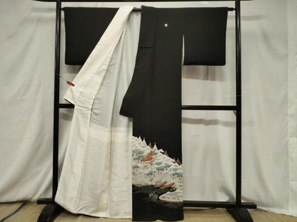 平和屋着物■豪華黒留袖　手描き　枝花文　正絹　逸品　CABB7321dy