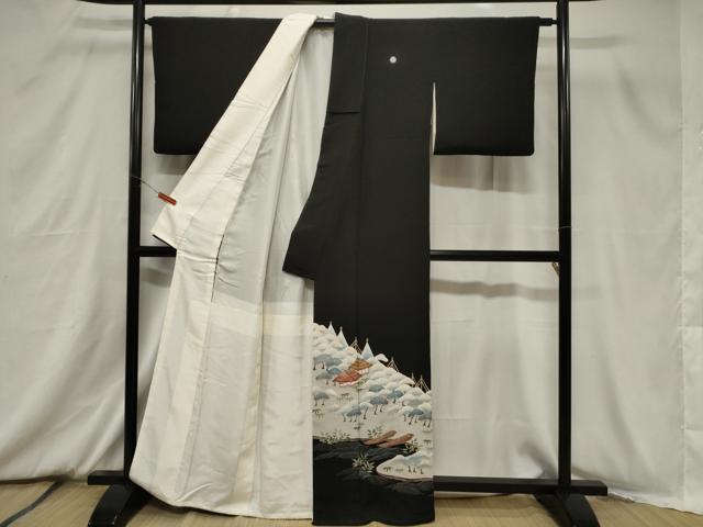 平和屋着物■豪華黒留袖　手描き　枝花文　正絹　逸品　CABB7321dy