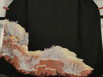 平和屋着物■豪華黒留袖　刺繍　鴛鴦立波文　暈し染め　金糸　正絹　逸品　CABB7376dy
