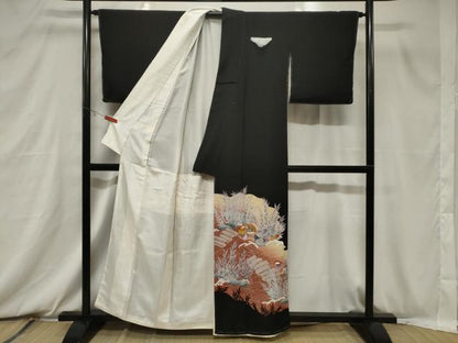 平和屋着物■豪華黒留袖　刺繍　鴛鴦立波文　暈し染め　金糸　正絹　逸品　CABB7376dy