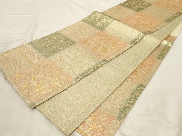 平和屋着物▼綴れ 六通柄袋帯 市松草花文 金糸 正絹 逸品 CABB7512dy